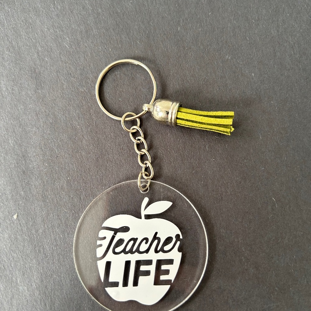 Handmade white apple teacher life round acrylic keychain
